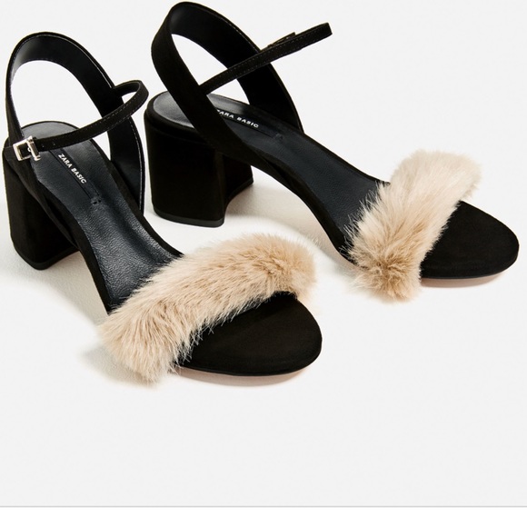 black fur heeled sandals
